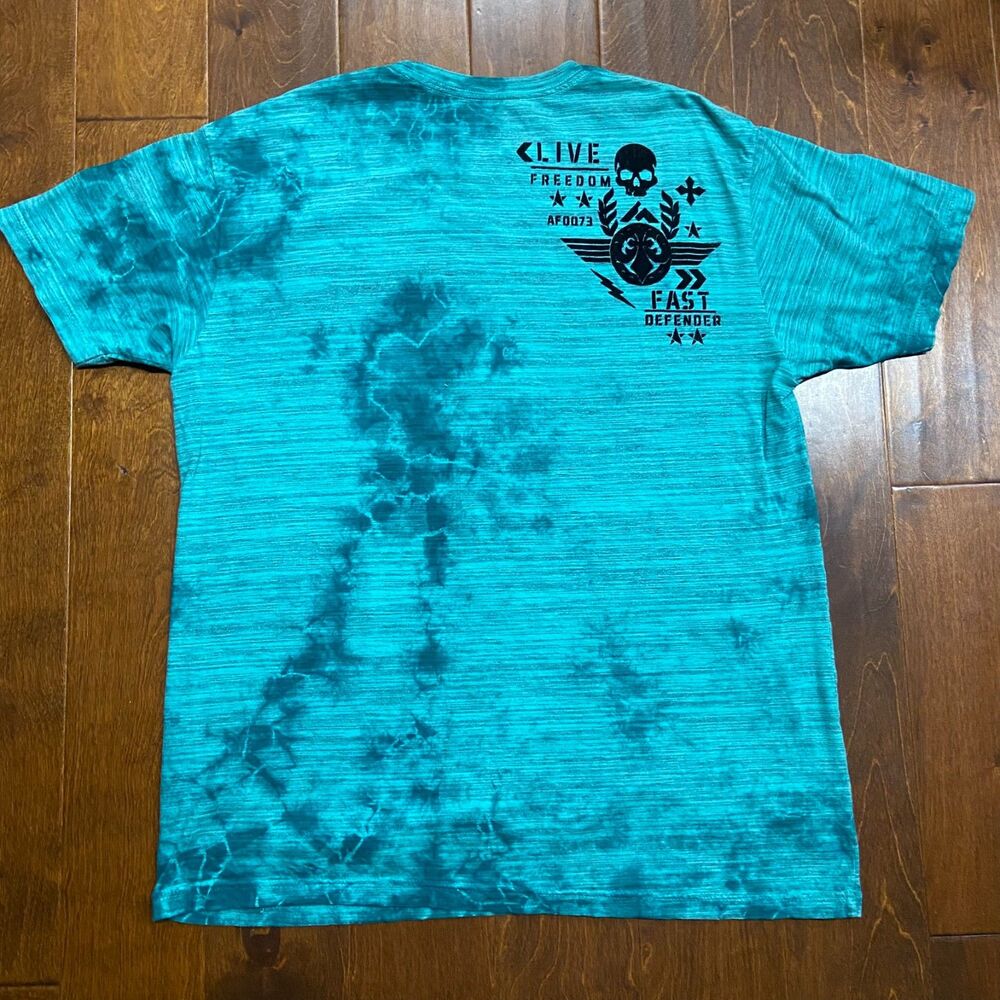 Affliction Live Fast Eagle Vintage Gothic Punk Washed Teal T-Shirt Mens Size 2XL - Picture 4 of 8
